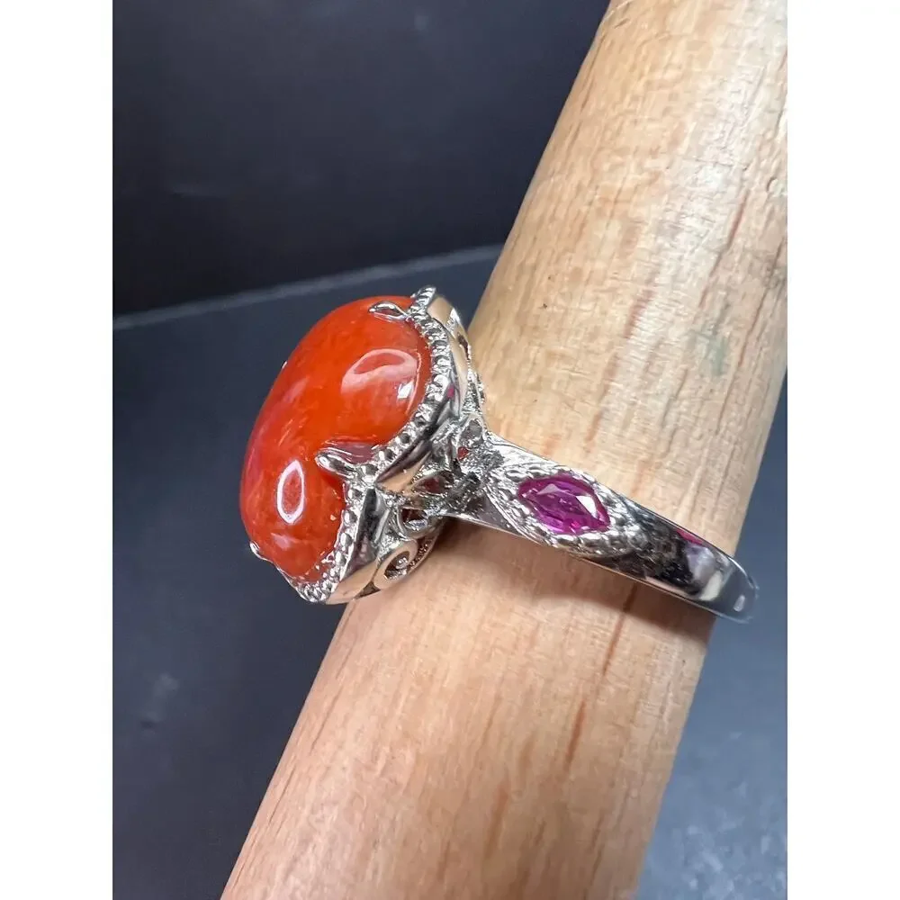 NEW cherry red jade and ruby blossom ring in rhodium over sterling silver size 6